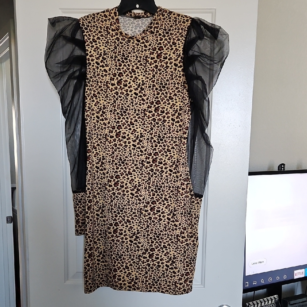 Leopard Print Dress with Black Sheer Sleeves